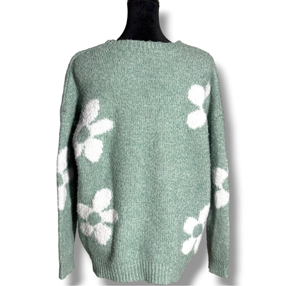 Little Lies M/L Mint Green with White Floral Crewneck Sweater Soft Intarsia Knit - Picture 7 of 16